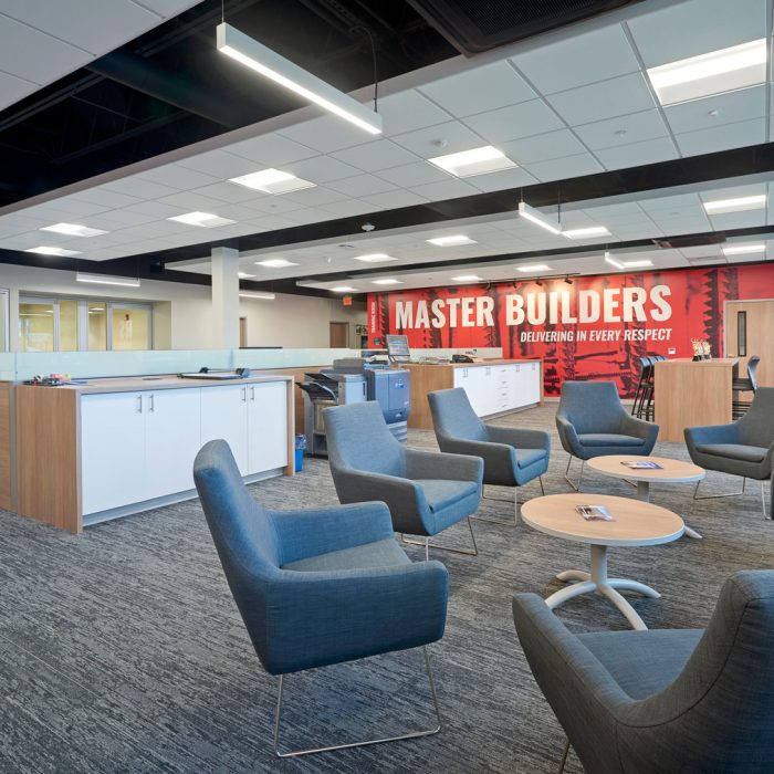 Open office layout at Kinsley Construction's new state-of-the-art facility in downtown York, PA.