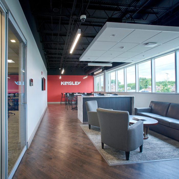 Open office layout at Kinsley Construction's new state-of-the-art facility in downtown York, PA.