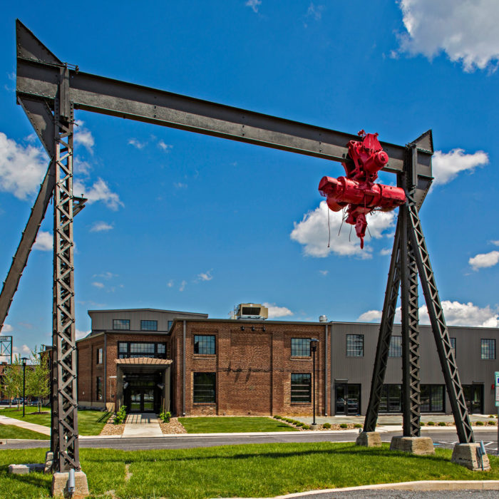 An industrial crane preserved as a relic of the building's original use