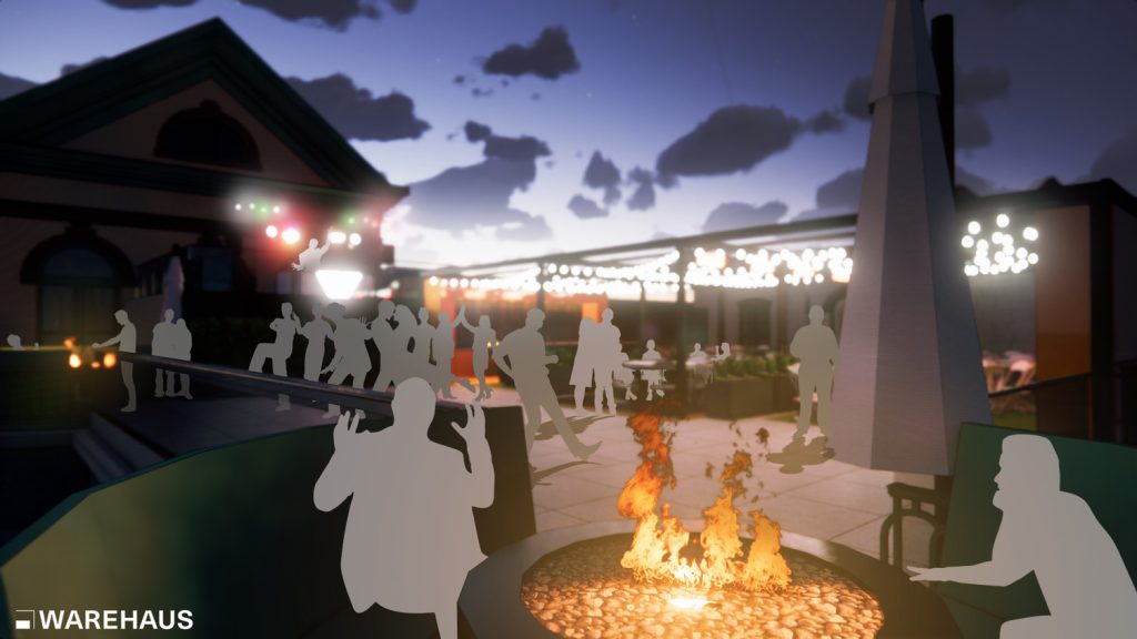 Rendering of outdoor kitchen and millwork with steel pergola system