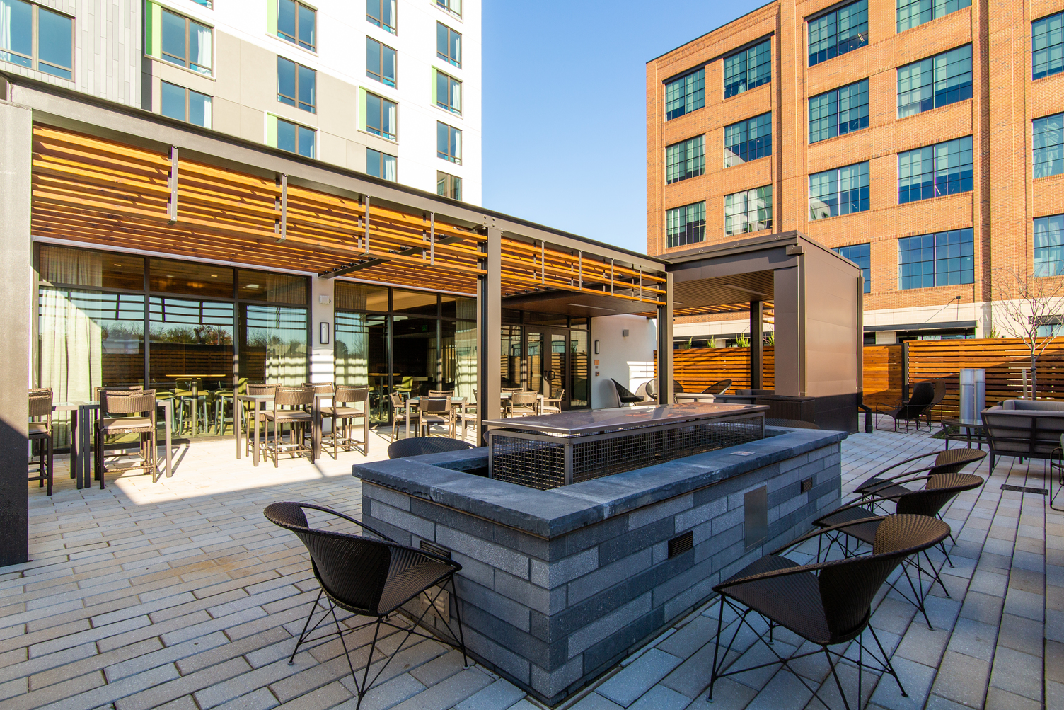 Approved fire pit in the Courtyard Marriott hotel courtyard, designed to be safer than traditional options