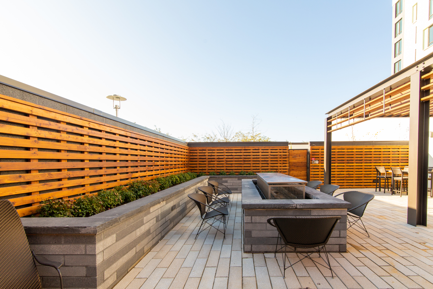 Approved fire pit in the Courtyard Marriott hotel courtyard, designed to be safer than traditional options