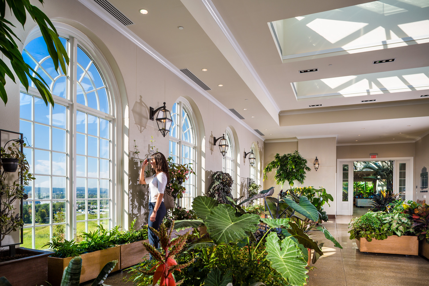 Full height Palladian-style windows with garden view