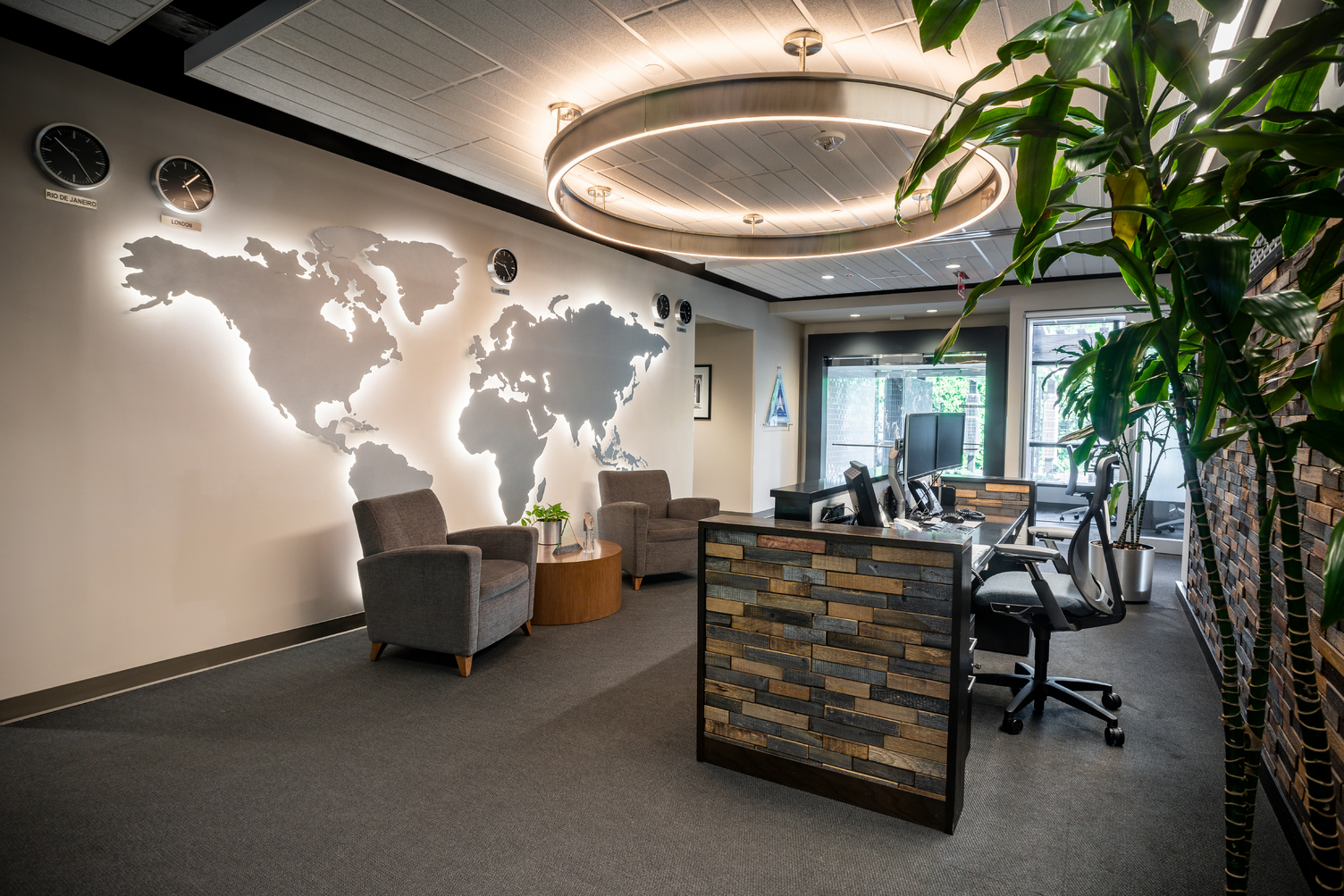 Backlit steel map at Harsco Corporation headquarters, showcasing the company's global impact.