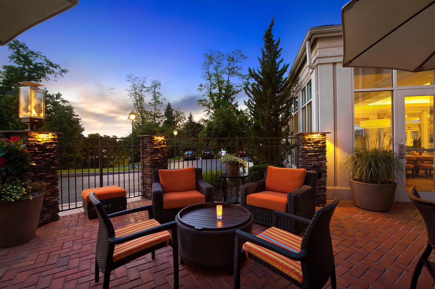 Outdoor patio at the Hilton Garden Inn in Hummelstown, Pennsylvania