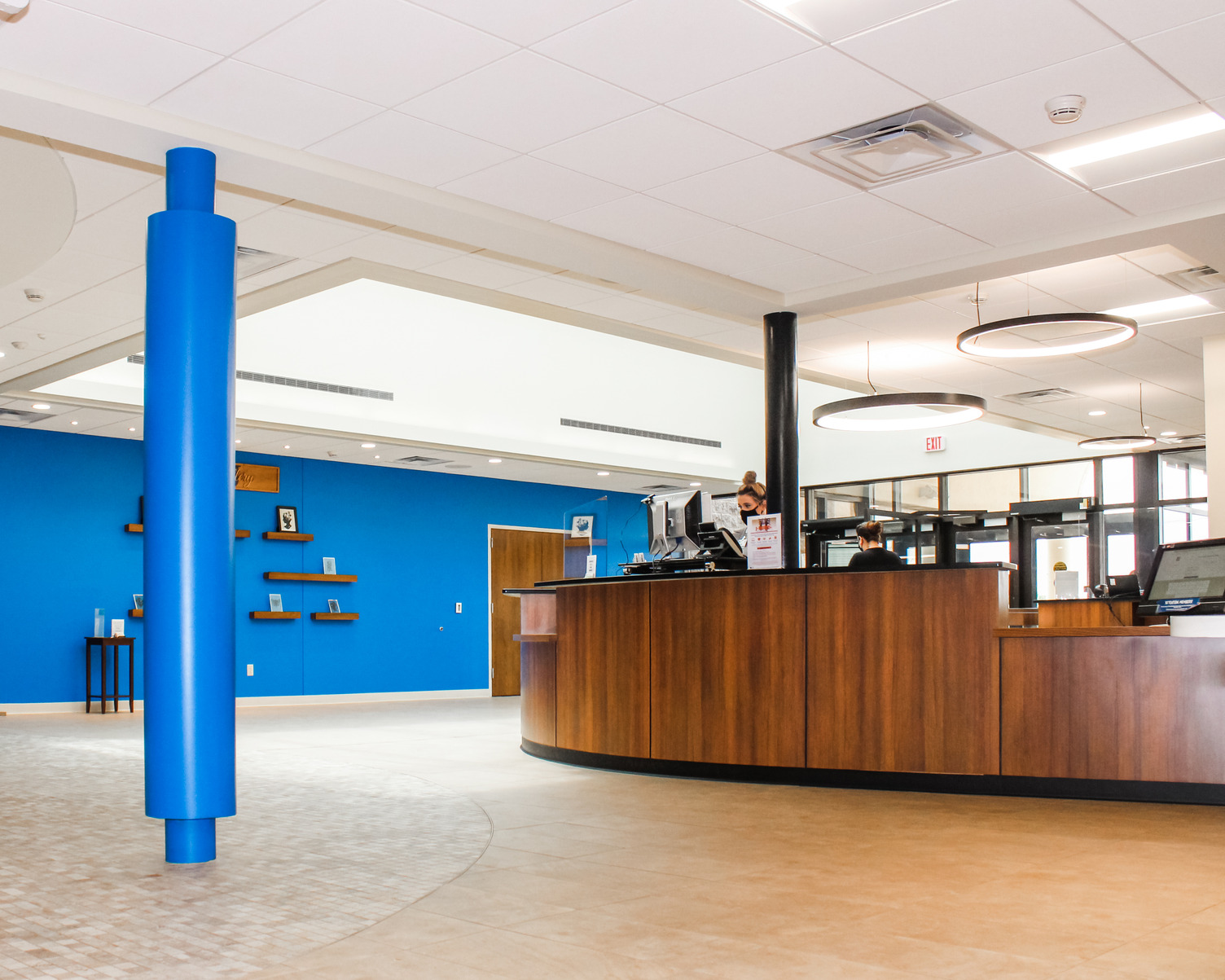 Blue accent wall symbolizing divinity at York JCC entrance