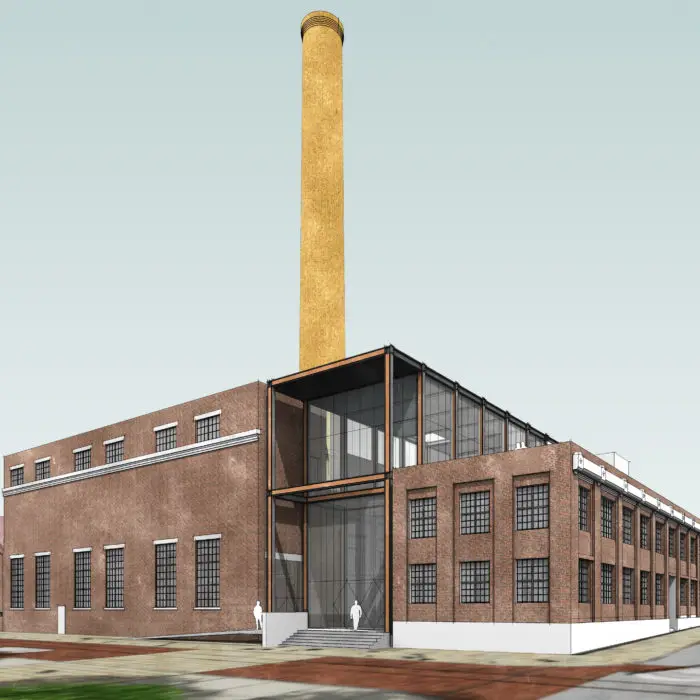 Two-story glass lobby connecting the steam plant to the adjacent building