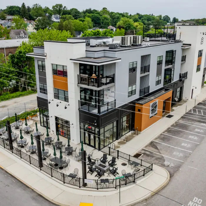 Drone photo of Franklin Square mixed-use apartments and brewery