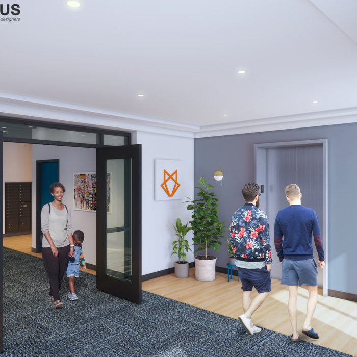 Rendering of the lobby at 204 North George Street Apartments, formerly the Fox Bakery in York, PA